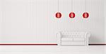 White sofa in white room with red plinth and lamps interior 3d