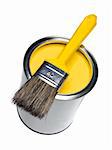 Yellow Paint can and brush isolated on white background