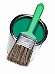 Green Paint can and brush isolated on white background