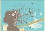 Vector illustration of grunge retro background with young woman's face and floral elements
