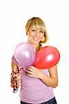 Close-up of a beautiful young woman with colorful balloons balloons. Isolated on a white background