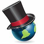 illustration, blue globe in black hat cylinder