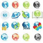 sixteen icons of the globe on white background