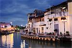 Malacca city night with house near river under blue sky in Malaysia, Asia.