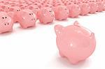 Piggy bank facing hundreds of other piggy banks
