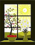 vector cherry tree outside window, Adobe Illustrator 8 format