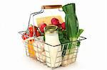 Shopping basket with milk, cheese and mixed vegetables