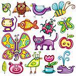 Flora and fauna theme. Cartoon vector set of colorful icons of animals, birds and plants. Doodle collection contains: leafs, owl, pigeon, bumble bee, monkey, goldfish, ladybug, butterfly, kitten, apple, pig, tropical bird,  tulip in the pot, whale