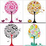 vector set of colorful stylized trees: Valentine's day heart tree, autumnal tree with fallen leaves, Halloween bats tree, and colorful easter egg tree, with cute bunnies.