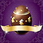 High gloss design with a gold banner wrapped around a decorated chocolate egg. Graphics are grouped and in several layers for easy editing. The file can be scaled to any size.