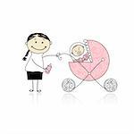 Mother with baby in buggy walking