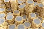High quality 3d image of many piles of one Euro coins