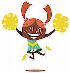 Young illustration of a black smiling cheerleader jumping and cheering with two ponytails. Looks excited.