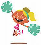 Young blond illustration of a smiling cheerleader jumping and cheering. Looks excited.