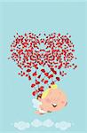 Cute flying cupid, losing his back of heart arrows in the sky, who themselves are forming a heart. Great for Valentine's Day card, post card, e-card, prints or ads.