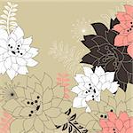 Beige floral background with contour flowers and plants