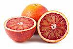 Full and two half of blood red oranges isolated on white background