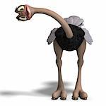 cute toon ostrich gives so much fun. 3D rendering with clipping path and shadow over white