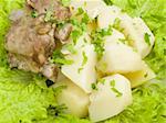 frame is filled by boiled potatoes with bit of meat, which is found on sheet of the green salad