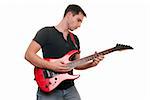handsome man playing the guitar. Isolated over white background