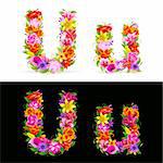 U, vector colorful flower font on white and black background.