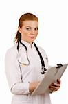 Red hair doctor with stethoscope and notes