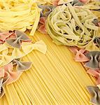 Italian pasta spagetti, tagliatelle and farfalle