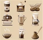 Vector coffee icon set isolated on brown background.