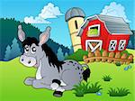 Lying donkey near farm - vector illustration.