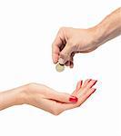 woman hand and man hand with coin isolated on white background