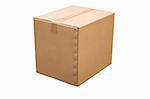 front view of closed cardboard box on white background