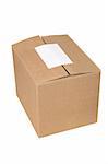 isolated closed shipping cardboard box whit white empty label