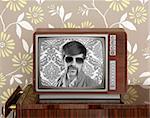 nerd retro 60s vintage tv presenter hero on wood television wallpaper