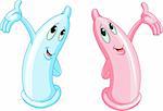 Two funny condoms pink and blue explaining