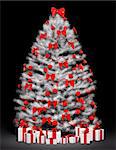 Christmas fir tree decorated with red bows and balls over the black 3d render