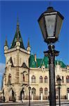 Jakab Palace (slovak: Jakabov palac) in city Kosice, Slovakia. Historic street lantern in front.