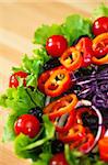 Macro photograph of fresh lettuce tomato pepper olive red onion and cabbage salad