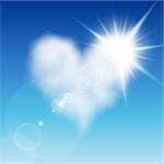 Heart shaped cloud in the blue sky with sun after it. Valentine`s day illustration