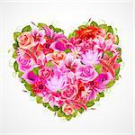 heart of beautiful flowers with roses, gerberas, lilies and others