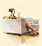 Smoking woman sitting on sofa and holding a glass of straight.