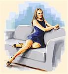 Relaxed lady sitting on the sofa bent leg.