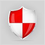 Glossy Red an White shield emblem on grey background