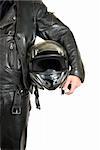 motorcycle biker with helmet closeup on a white