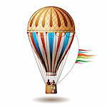 Colorful hot air balloon with silhouettes isolated on white background, vector illustration