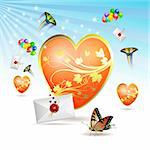 Big heart, envelopes raised by balloons and butterfly, vector illustration