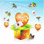 Valentine's box, big heart, envelopes raised by balloons and butterfly, vector illustration