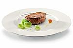 Grilled meat in a white plate isolated on a white background.
