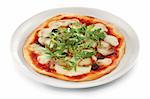 This is a delicacies vegetable pizza in white plate isolated on a white background.