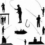 fishermen and fishing equipment - vector