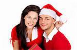 happy young couple smiling in red christmas clothes and gift box